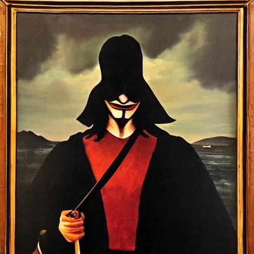 Prompt: a renaissance style portrait painting of V for Vendetta