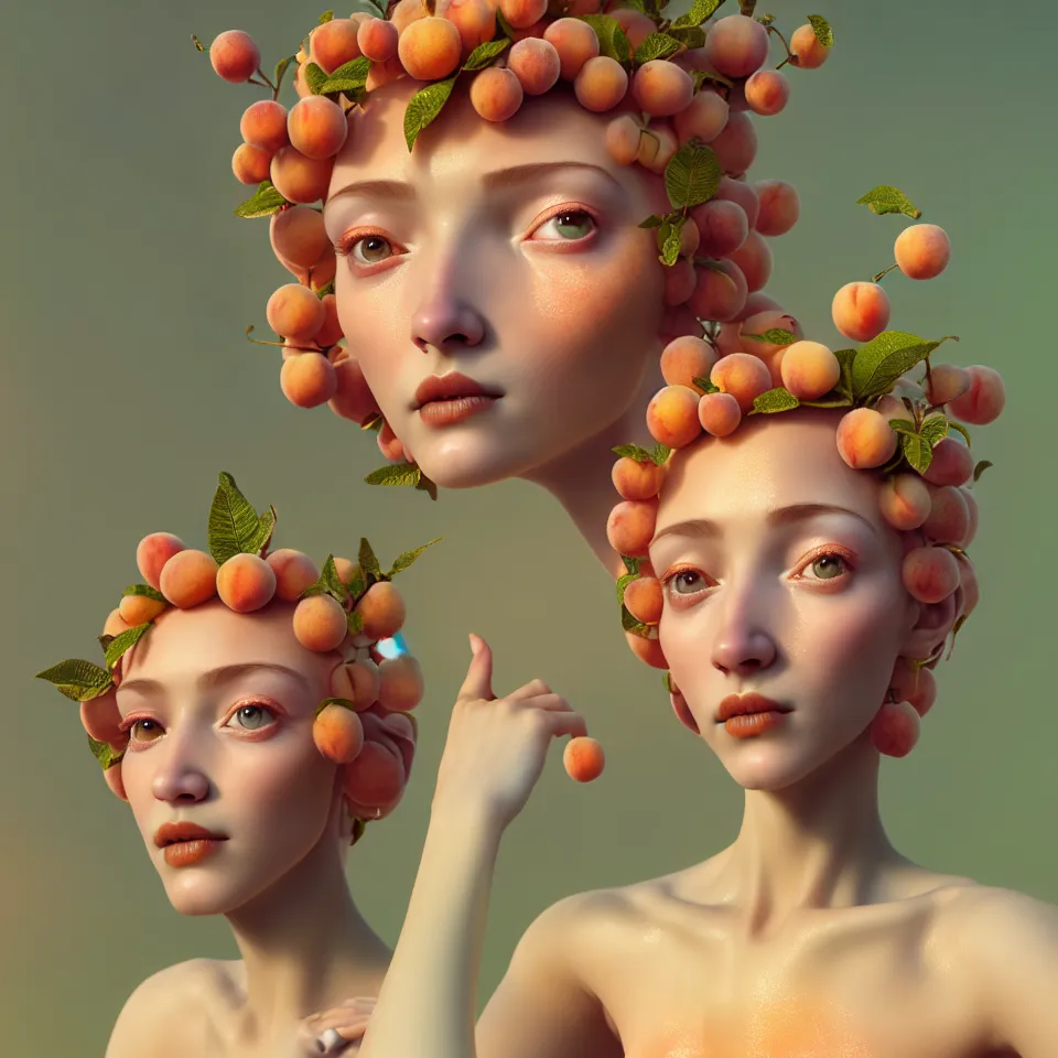 Image similar to A portrait of joyful Queen of peach fruits fairies, skin made of pale human skin. Soft details. Wide angle. clear eyes. Octane Render. art nouveau. 4k. 8k. UHD. Detailed. Trending on artstation. Bokeh.