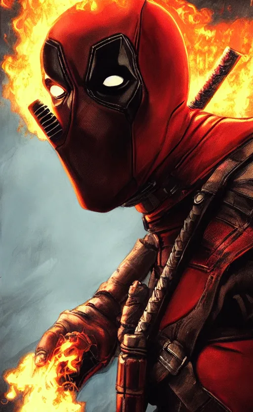 Image similar to deadpool as ghost rider, dynamic lighting, photorealistic fantasy concept art, trending on art station, stunning visuals, terrifying, creative, cinematic