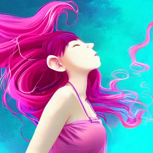 Image similar to “anime girl, flowing pink hair, extremely beautiful, swirly pink background, action shot, by Kurahana Chinatsu, trending on PixArt”