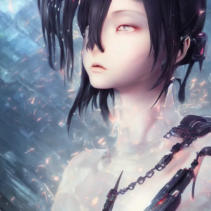 Prompt: symmetrical beautiful anime cyborg girl - by tom bagshaw, by ilya kuvshinov, rtx rendering, octane render 1 2 8 k, maya, extreme high intricate details by wlop, digital anime art by ross tran, medium shot, close up shot, composition by sana takeda, dramatic lighting by greg rutkowski, 8 k, trending on artstation