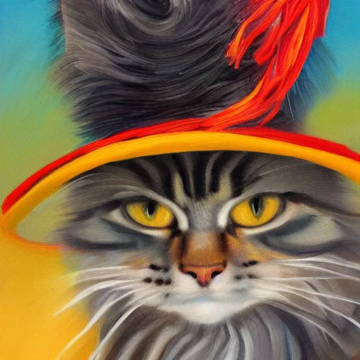 Prompt: Portrait Oil Painting Thick-Strokes of a photogenic Maine-Coon wearing a sombrero sombrero sombrero