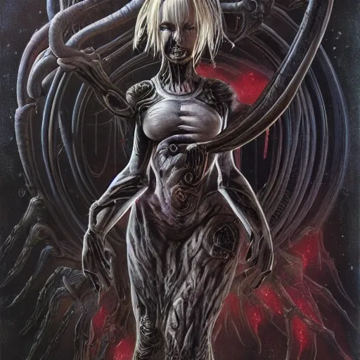 Image similar to portrait of samus metroid by hr giger and wayne barlowe as a diablo, dark souls, bloodborne monster, veiled necromancer lich bride