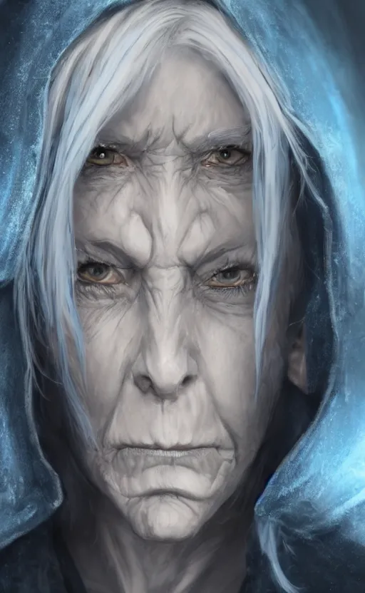 Image similar to an older woman with silver hair and piercing blue eyes. she's wearing a dark, hooded cloak and looks like she knows her way around a sword, dynamic lighting, photorealistic fantasy concept art, trending on art station, stunning visuals, creative, cinematic, ultra detailed