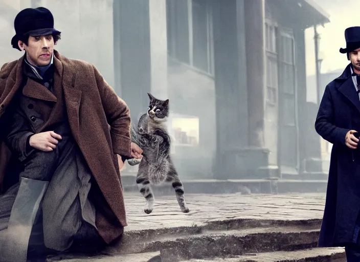 Image similar to film still of a kitten as sherlock holmes dressed in a trench coat and hat wearing a trench coat and hat!!! wearing a tench coat and hat!!! in the new sherlock holmes movie, 8 k