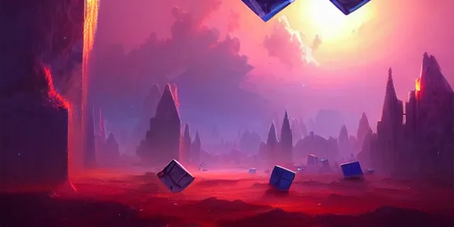 Image similar to a fleet of giant futuristic cubes in the sky glowing in sync, a fantasy magical landscape seen in the distance, atmospheric lighting, intricate, volumetric lighting, beautiful, sharp focus, ultra detailed, in the art style of marc simonetti, bowater charlie and brom gerald, astrophotography