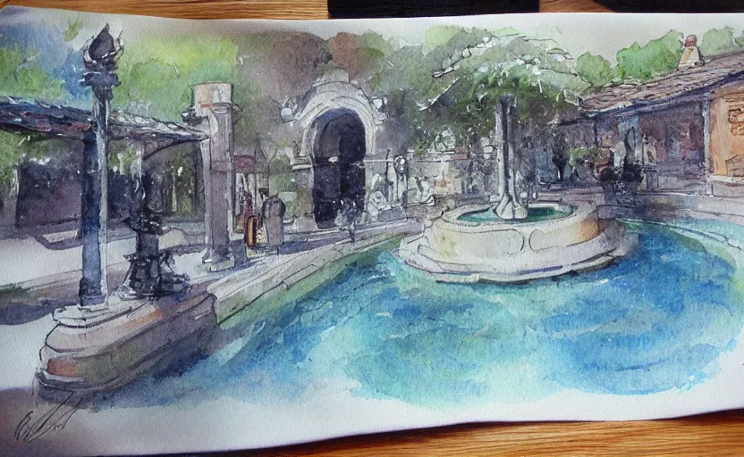 Image similar to Fountain Watercolor sketch, highly detailded