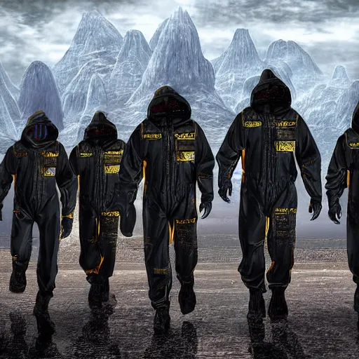 Image similar to a surreal landscape with towers in a harsh environment, a group of figures dressed in biohazard suits are walking, digital art