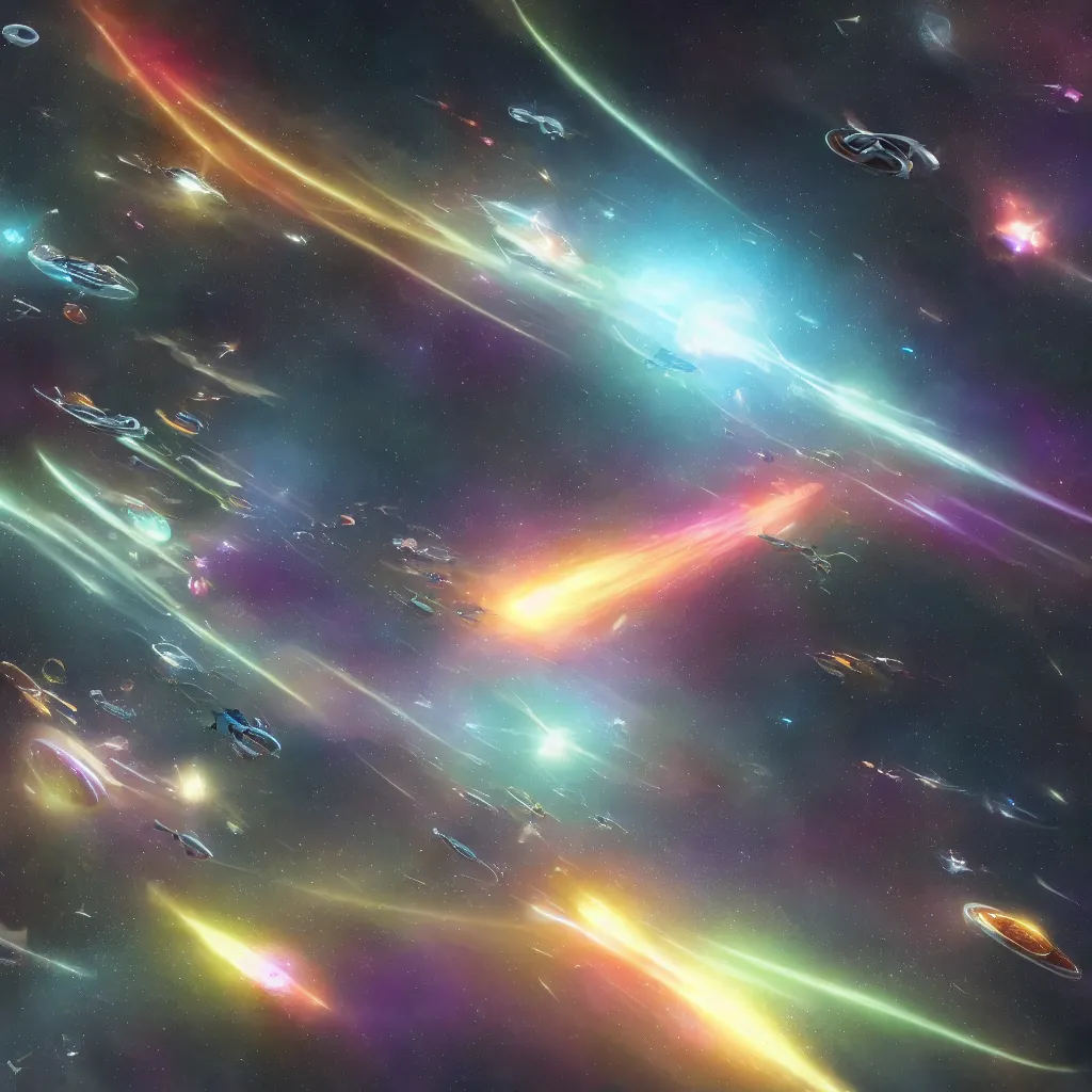 Image similar to galactic space fleet flying into a warp portal, 8 k resolution