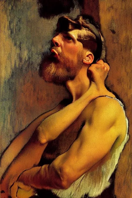 Image similar to attractive male, viking, painting by j. c. leyendecker, edgar degas