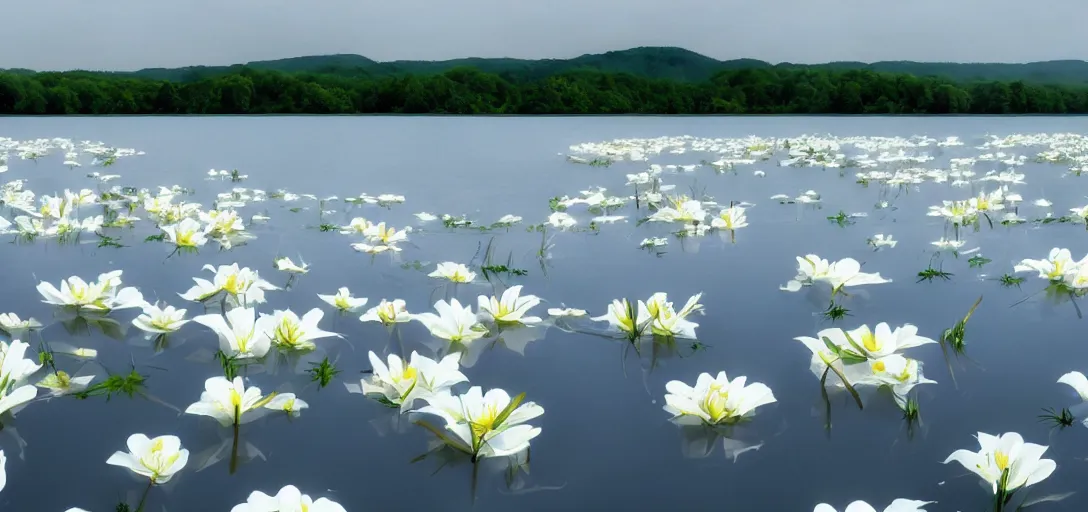 Image similar to lilys floating on a lake, panoramic, concept art, high detail, lake, white flower lily, white petals, gentle, peaceful, beautiful,