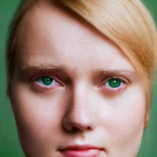 Image similar to minimalist photography portrait of a woman with a tiny mouth, no lips, symmetrical, super close up, mid thirties, medium blonde, cute round green slanted eyes, pale skin, wide nostrils, chubby cheeks, high flat eyebrows, ethereal essence, angelic, leica 1 0 0 mm f 0. 8