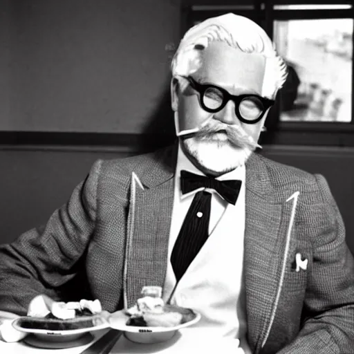 Image similar to An old vintage photograph of Colonel Sanders secretly eating a burger at McDonalds, 4k, highly detailed, photorealistic