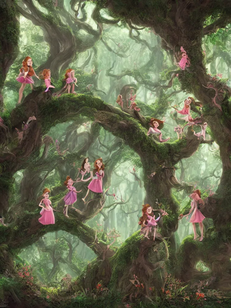 Prompt: girls in enchanted forest by disney concept artists, blunt borders, rule of thirds