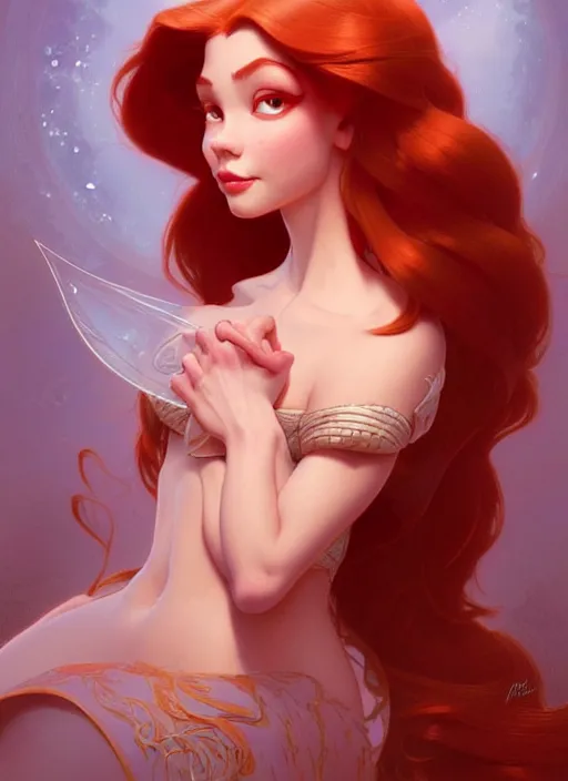 Prompt: portrait of disney ariel, intricate, elegant, highly detailed, my rendition, digital painting, artstation, concept art, smooth, sharp focus, illustration, art by artgerm and greg rutkowski and alphonse mucha and uang guangjian and gil elvgren and sachin teng, symmetry!!