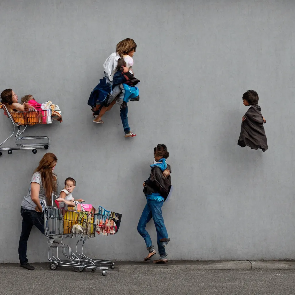 Image similar to homeless mother pushing a shopping cart with a child riding in it, in front of a blank wall, hyperrealistic