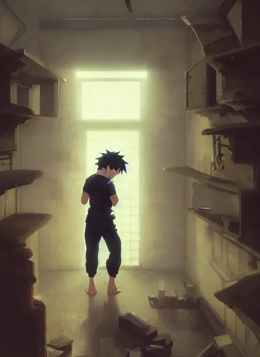 Image similar to highly detailed prison cell with naruto uzumaki with black hair, hitting a wall, art by greg rutkowski, loish, rhads, ferdinand knab, makoto shinkai and lois van baarle, ilya kuvshinov, rossdraws, tom bagshaw, global illumination, radiant light, detailed and intricate environment