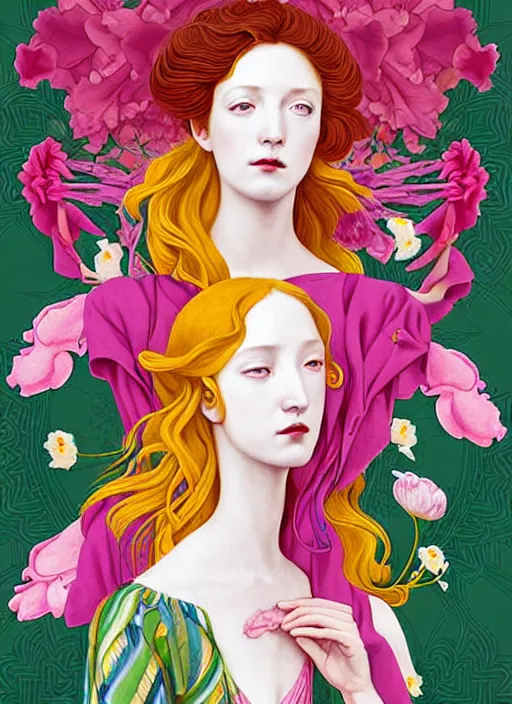 Image similar to 3 Spring Muses symbolically representing March, April, and May, in a style blending Æon Flux, Peter Chung, Shepard Fairey, Botticelli, Ivan Bolivian, and John Singer Sargent, inspired by pre-raphaelite paintings, shoujo manga, and cool Japanese street fashion, dramatically blossoming flora and fauna, petals falling everywhere, pastel vivid triad colors, hyper detailed, super fine inking lines, ethereal and otherworldly, 4K extremely photorealistic, Arnold render