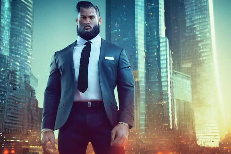 Image similar to Portrait of a muscular giant using an expensive business suit and tie, splash screen art, movie still, cinematic lighting, dramatic, octane render, long lens, shallow depth of field, bokeh, anamorphic lens flare, 8k, hyper detailed, 35mm film grain