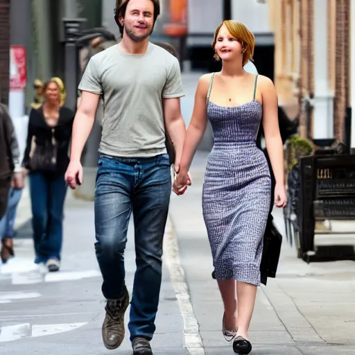 Image similar to Jennifer Lawrence and Jennifer Lawrence walking down the street, holding hands, smiling, soft focus, medium shot,