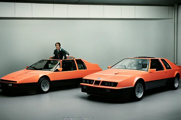 Prompt: single Formula 1, 1984 BMW M1 Lincoln Continental, inside of a minimalist Tokyo garage, ektachrome photograph, volumetric lighting, f8 aperture, cinematic Eastman 5384 film