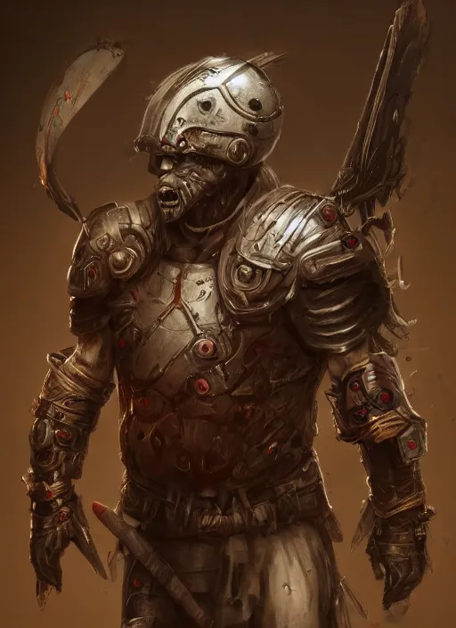 Image similar to a disfigured warrior with no helmet and medical needles sticking out all over their armor, concept art, trending on artstation, 4k