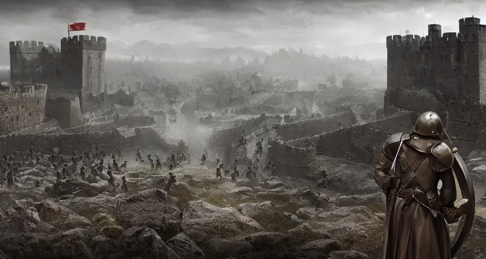 Prompt: ten medieval soldiers atop a castle wall looking over a vast medieval kingdom rule by an evil king. the soldier is ready for battle. it is a somber morning. death is close. prepare for battle. mist, epic, cinematic, volumetric lighting, symmetry, fantasy style, highly - detailed, unreal 5, realism