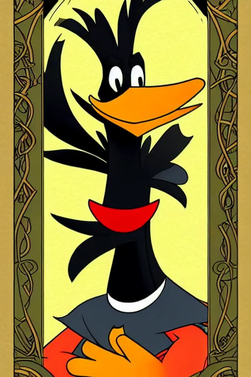 Image similar to epic professional digital art of the'fool tarot card with daffy duck ', painted, stunning, artistic, art nouveau, impressive, best on artstation, cgsociety, much wow, masterpiece