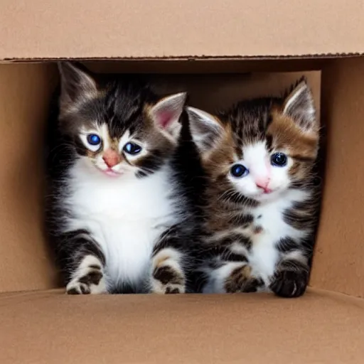 Prompt: a cardboard box, inside full of cute kittens