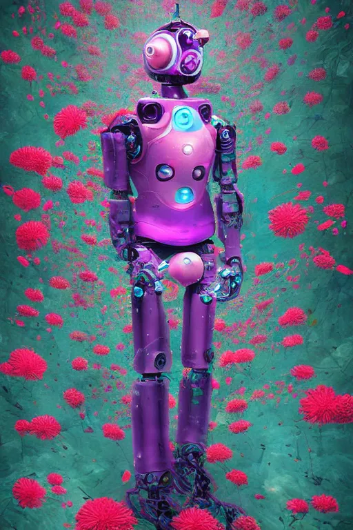 Prompt: an underwater digital painting of a robot wearing a suit made of flowers, 1965 character portrait by Fillip Hodas, cgsociety, panfuturism, made of flowers, dystopian art, vaporwave