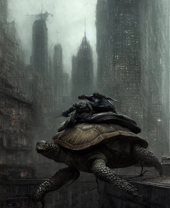 Image similar to city on a turtle. dark atmosphere. art by greg rutkowski and luis royo. highly detailed 8 k. intricate. lifelike. soft light. nikon d 8 5 0.