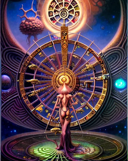 Image similar to the wheel of fortune tarot card, fantasy character portrait made of fractals, ultra realistic, wide angle, intricate details, the fifth element artifacts, highly detailed by peter mohrbacher, hajime sorayama, wayne barlowe, boris vallejo, aaron horkey, gaston bussiere, craig mullins