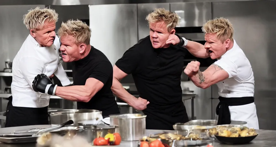 Image similar to photo of angry furious Gordon Ramsay punching Gordon Ramsay at the kitchen