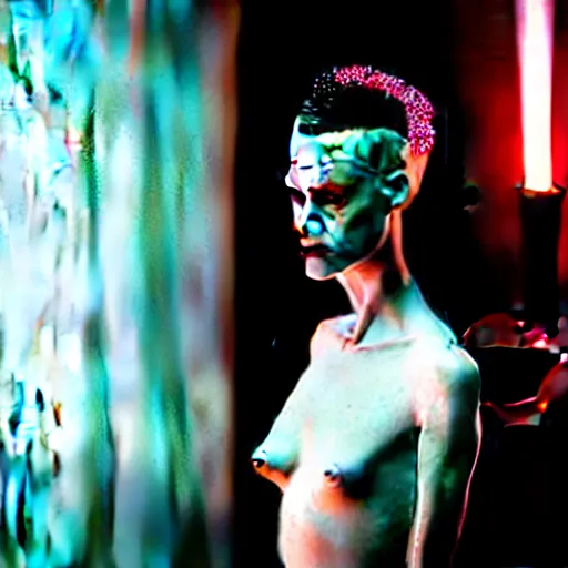 Image similar to cinematic portrait of model kristen mcmenamy as bride of frankenstein as a replicant in a busy nightclub, frightened and angry, still from the movie ex machina, fashion photography, a neon sign is in the background