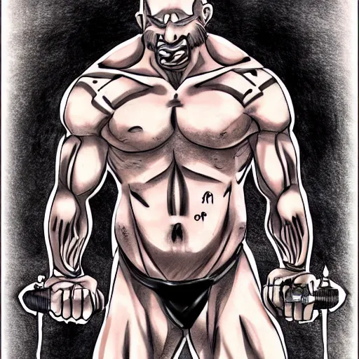 Image similar to muscular bald man, tattooed body, sword in hands, HD, anime style,