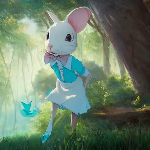 Image similar to concept art painting of an anthropomorphic white rabbit wearing a turquoise dress, in the deep forest, realistic, detailed, cel shaded, in the style of makoto shinkai and greg rutkowski and james gurney