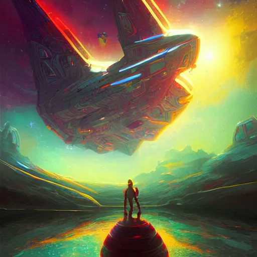 Prompt: beautiful starship in no man's sky colorful, fantasy, intricate, highly detailed, digital painting, hq, trending on artstation, illustration, style of stanley artgerm and greg rutkowski and dan mumford