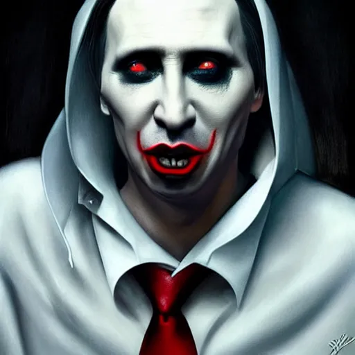 Image similar to Vladimir Putin as Marilyn Manson from Marilyn Manson, portrait, highly detailed, digital painting, artstation, concept art, smooth, sharp focus, illustration, cinematic lighting, art by artgerm and greg rutkowski and alphonse mucha