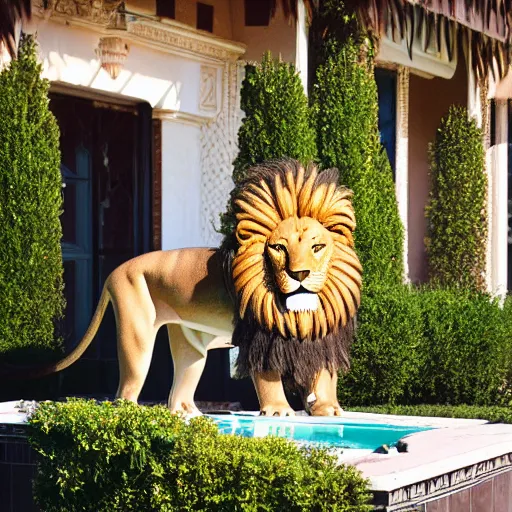 Image similar to a very detailed photo of a lion ( smoking a cigar ) outside the mansion by the pool