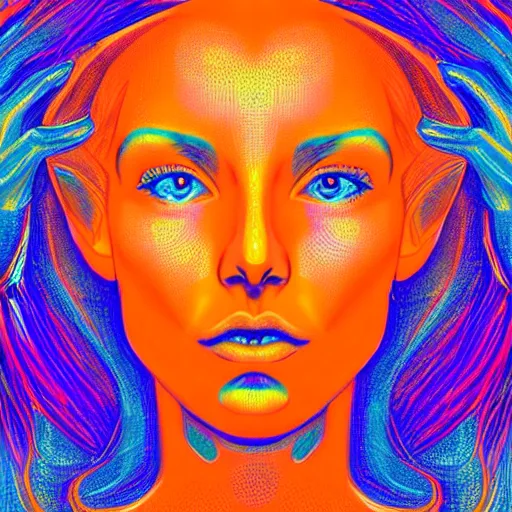 Image similar to a symmetrical portrait of a beautiful orange - haired woman face, concept art, intricate, aesthetic!!!!!, holographic design, god rays, symbolist, dramatic, ultra detailed