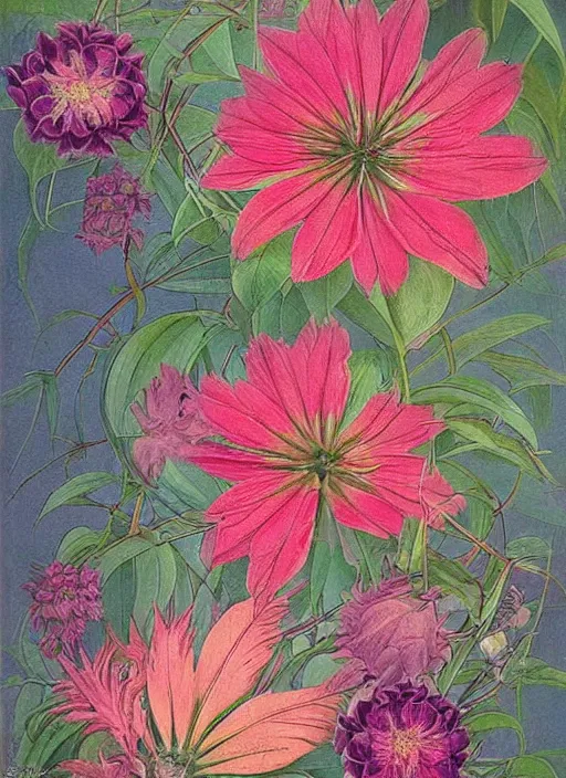 Prompt: beautiful mysterious plants and flowers ; botanical poster art by frederick edward hulme ; detailed painting