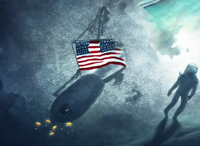 Image similar to astronaut underwater putting a flag in the sand of the bottom of the ocean. in the background, a submarine is visible. dark, concept art, cinematic, dramatic, atmospheric, 8 k, trending on artstation, zack snyder