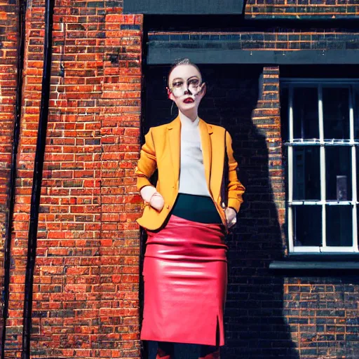 Image similar to un ultra high definition editorial photographic portrait of a female designer standing outside her unique red brick london art studio wearing all eclectic clothes. wide angle. three point light. golden hour, golden ratio, ray tracing, volumetric light and shadow, shallow depth of field.