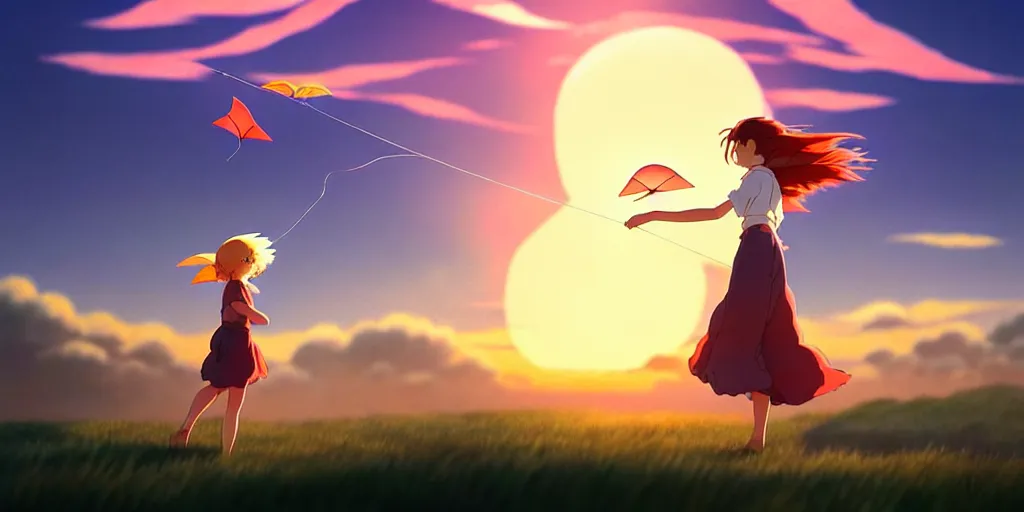 Image similar to the girl and the kites. beautiful sunrise. matte painting, anime, studio ghibli. intricate, elegant, super highly detailed, professional digital painting, artstation, concept art, smooth, Unreal Engine 5, Photorealism, HD quality, 8k resolution, cinema 4d, 3D, beautiful, cinematic