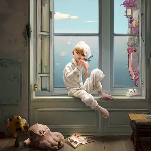 Image similar to young boy wearing white fabric pajama with cartoon paintings on it infront of the window in his room and staring outside. highly detailed, digital painting, artstation, concept art, smooth and sharp focus, cg by tian zi and wlop and alphonse mucha