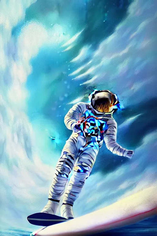 Image similar to a beautiful digital painting of an astronaut in a white space suit surfing the great wave on a surfboard by greg rutkowski, photorealistic, trending on artstation, octane render