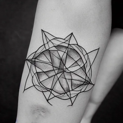 Prompt: a minimalistic thin line tattoo sketch representing interconnection of intellectual and spiritual origins of existence, straight patterns vs organic patterns, high detail