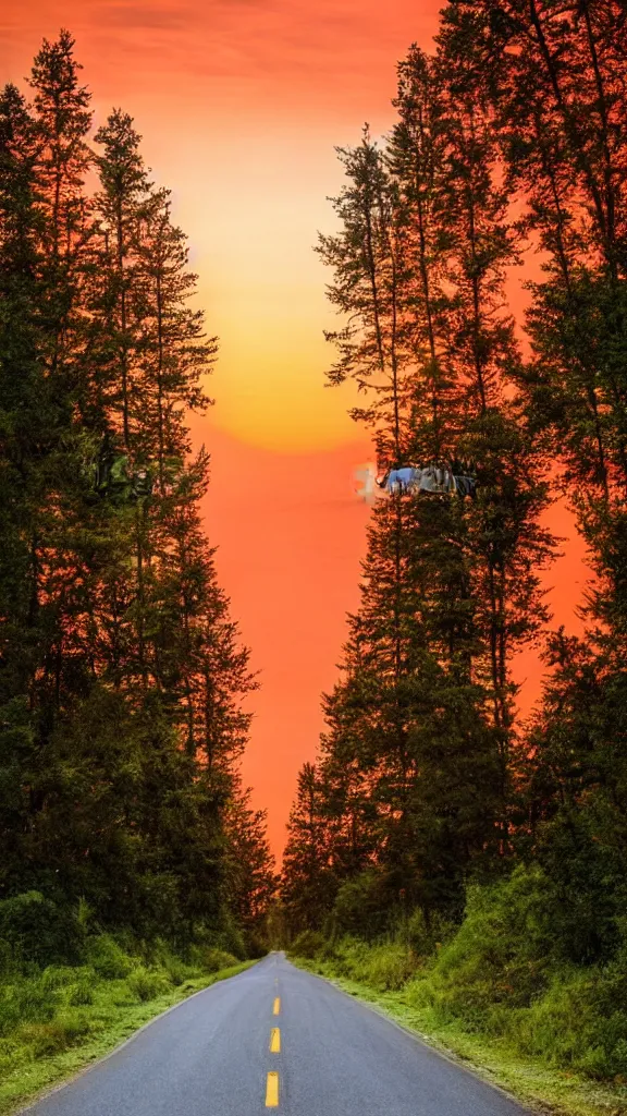 Prompt: beautiful sunset with a rural road of aligned trees, epic stock photo