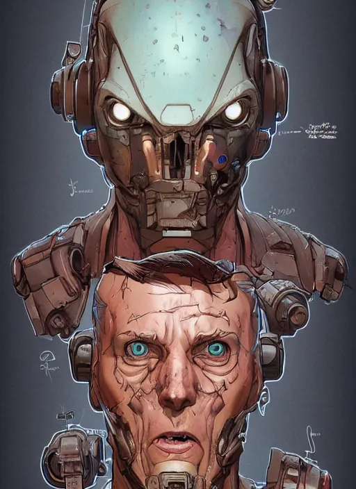 Image similar to a study of cell shaded portrait of james cameron cyborg as borderlands 3 concept art, llustration, post grung, concept art by josan gonzales and wlop, by james jean, victo ngai, david rubin, mike mignola, laurie greasley, highly detailed, sharp focus, alien, trending on artstation, hq, deviantart, art by artgem