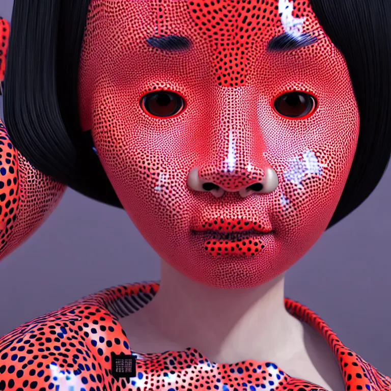 Image similar to hyperrealistic detailed image of a geisha in a art installation room, hd smooth interior by yayoi kusama, part by kei mieno, part by ross tran, dark art by james jean, ultra realistic, highly detailed, life like face, detailed body, 8 k, 3 d render by roger magrini, masterpiece